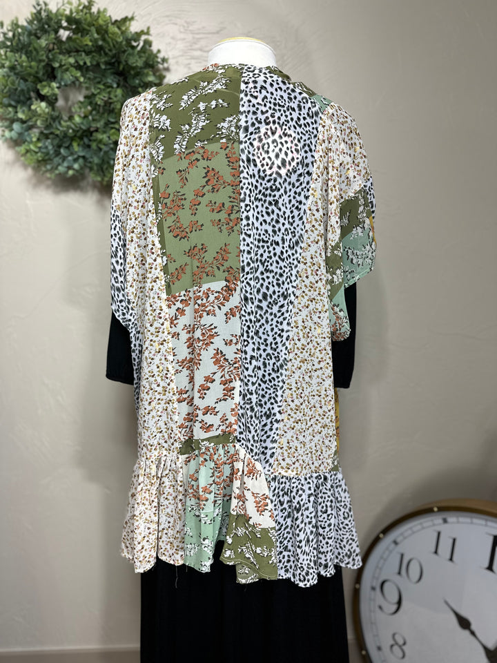 Sage Floral Animal Metallic Mixed Print Open Front Long Kimono with Ruffle Hem