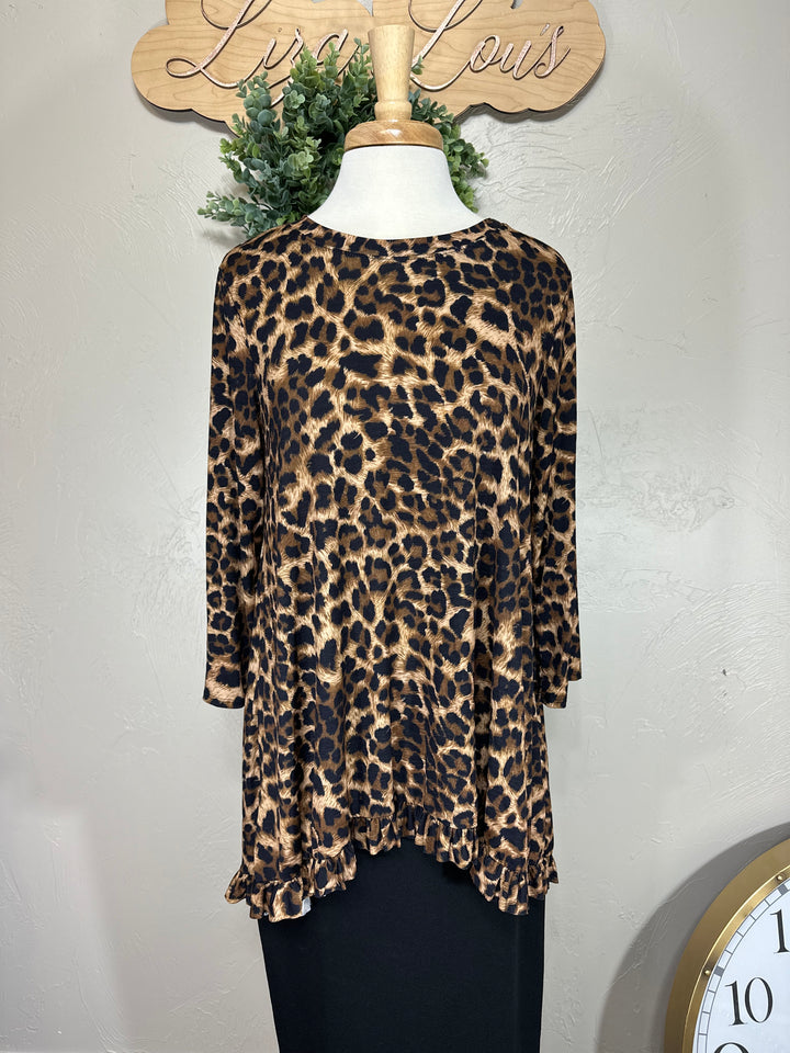 Liza Lou's Tabitha Women's Hi Low Modest Animal Print Cheetah Top with Ruffle