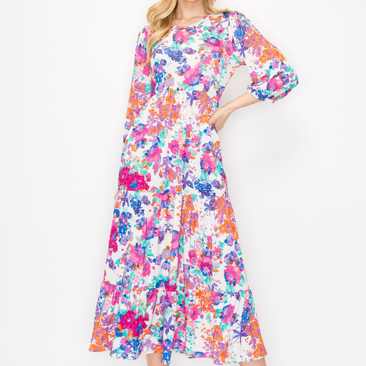 Liza's Spring/Summer Modest Long Floral Tiered Dress with Elastic Waist