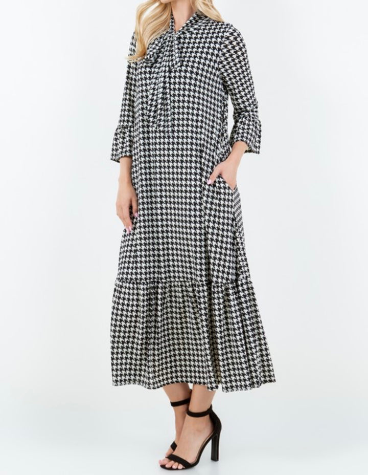 Liza Lou’s Regina Modest Houndstooth Long Dress with Tie