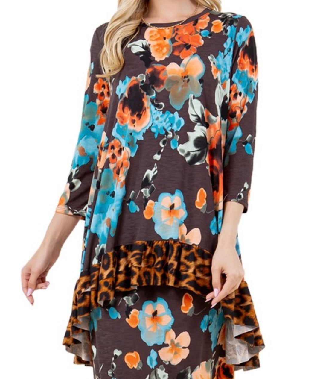 Katrina Asymmetrical Floral with Animal Print Contrast Top