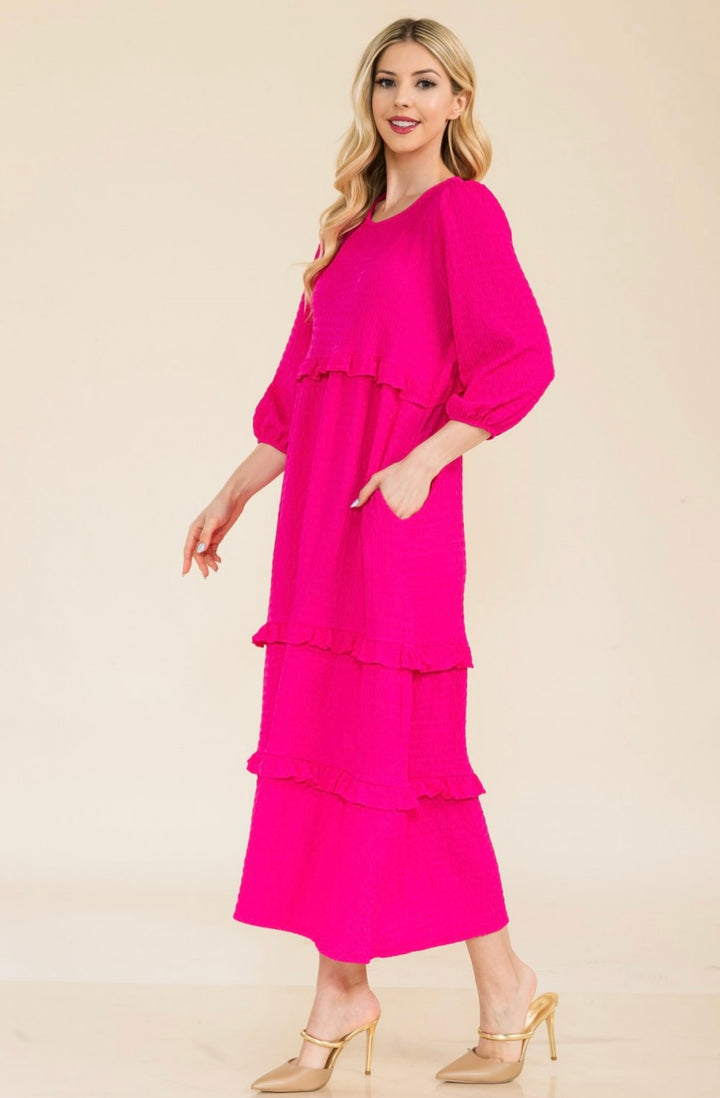 Selena Textured Classic Fuchsia Tiered Ruffle Long Dress