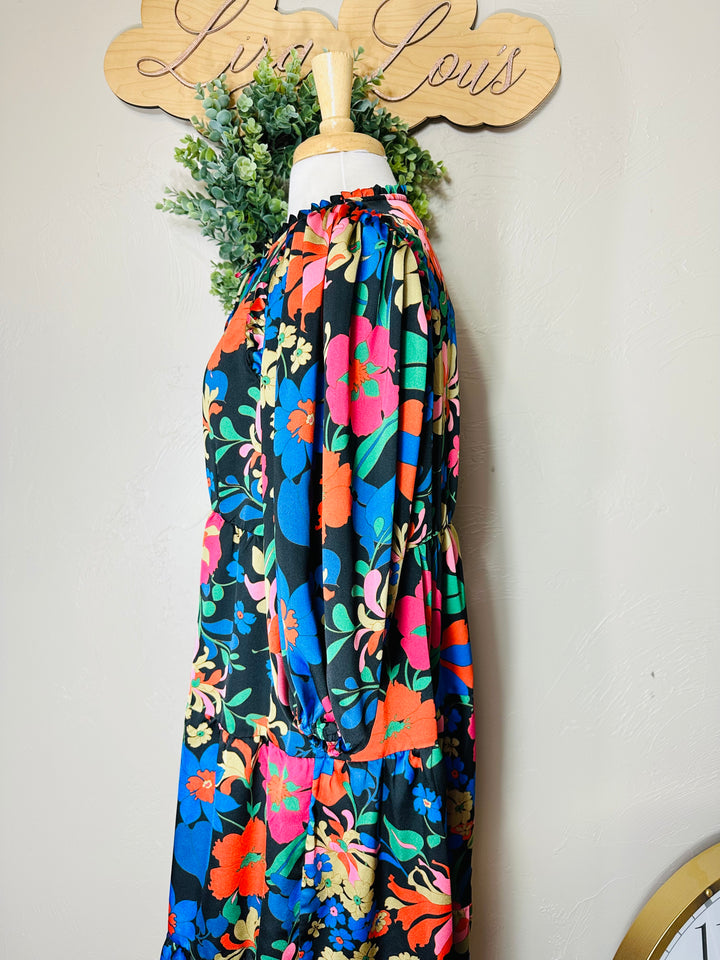 Liza’s Umgee Colorful Floral Tiered Dress Black Background