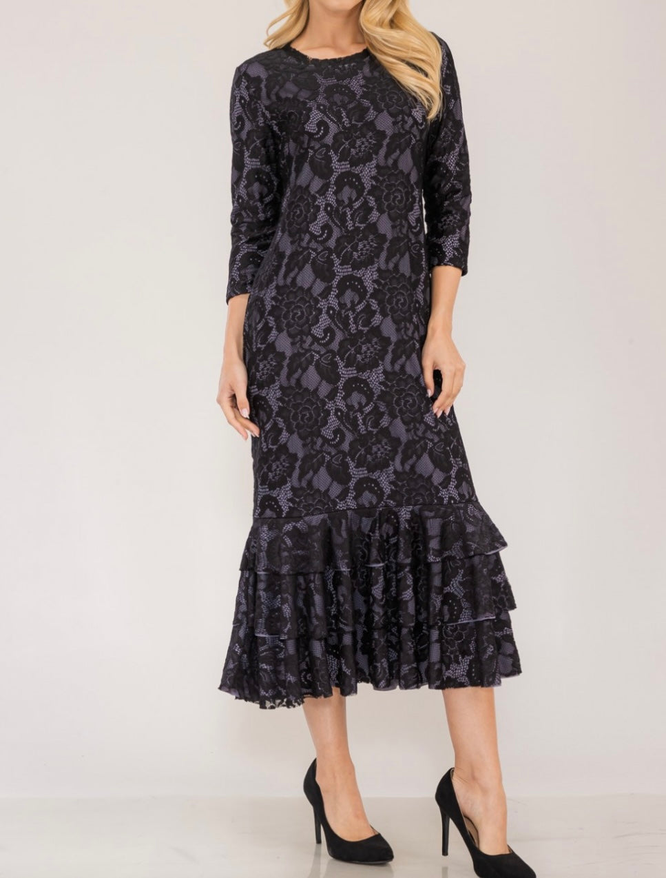 Liza Lou's Black Lace Long Layering Dress with Bottom Ruffles