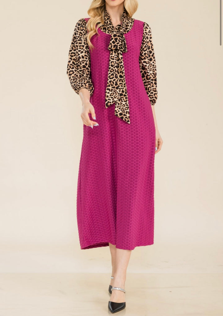 Women's Classic Long Modest Magenta Pink Honeycomb Dress with Animal Print Sleeves & Tie