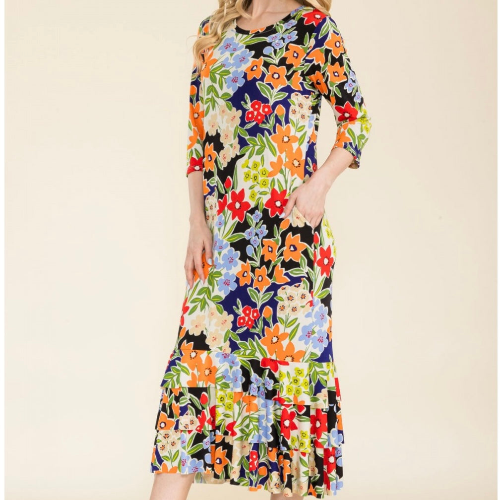 Liza Lou's Black/Blue Floral Long Layering Dress with Bottom Ruffles