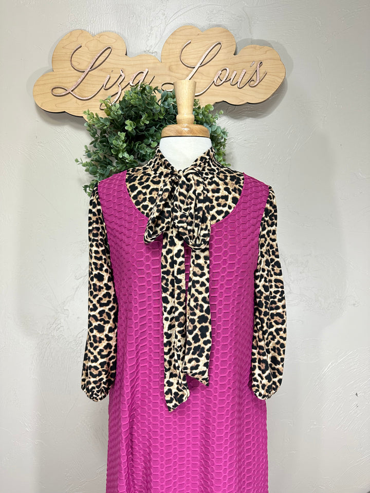 Women's Classic Long Modest Magenta Pink Honeycomb Dress with Animal Print Sleeves & Tie