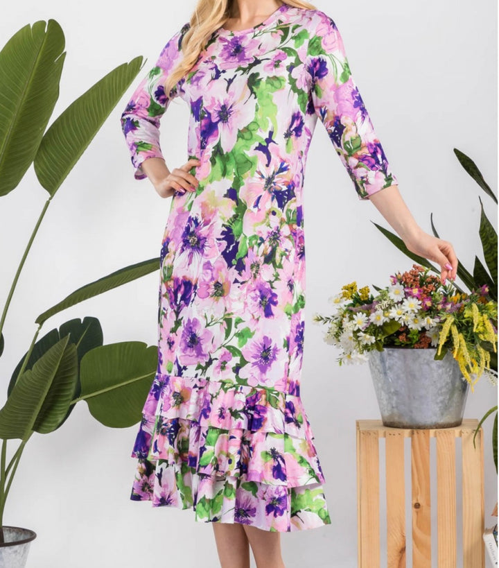 Liza Lou's Purple Floral Long Layering Dress with Bottom Ruffles