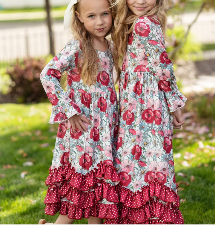 Precious Girls Burgundy Floral Modest Long Maxi Dress with Ruffles *