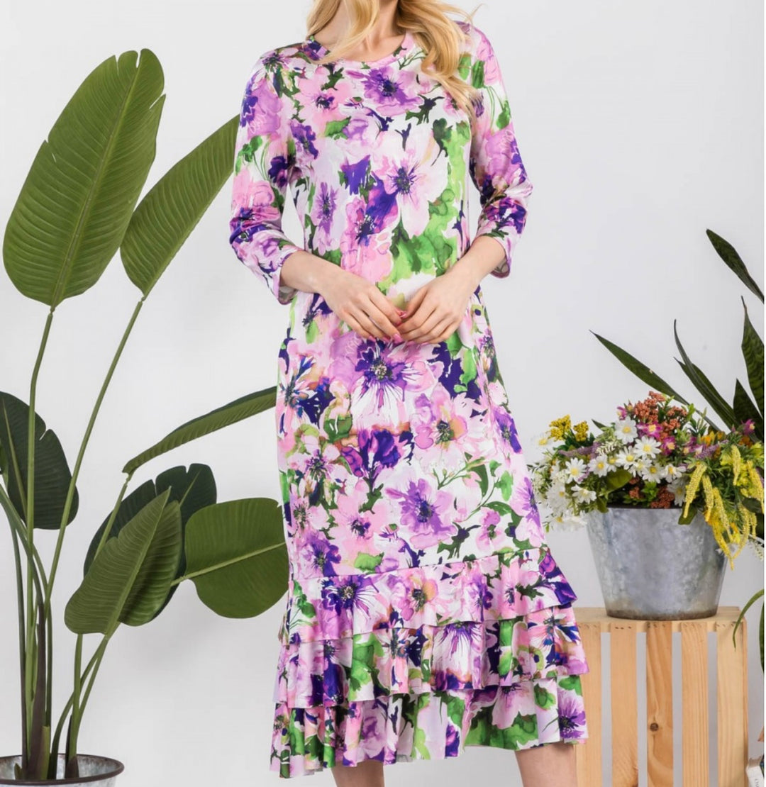 Liza Lou's Purple Floral Long Layering Dress with Bottom Ruffles