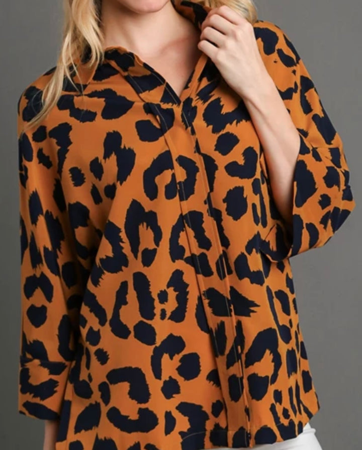 Liza’s Umgee Blouse Top w/ Navy Animal Print  Ochre Background