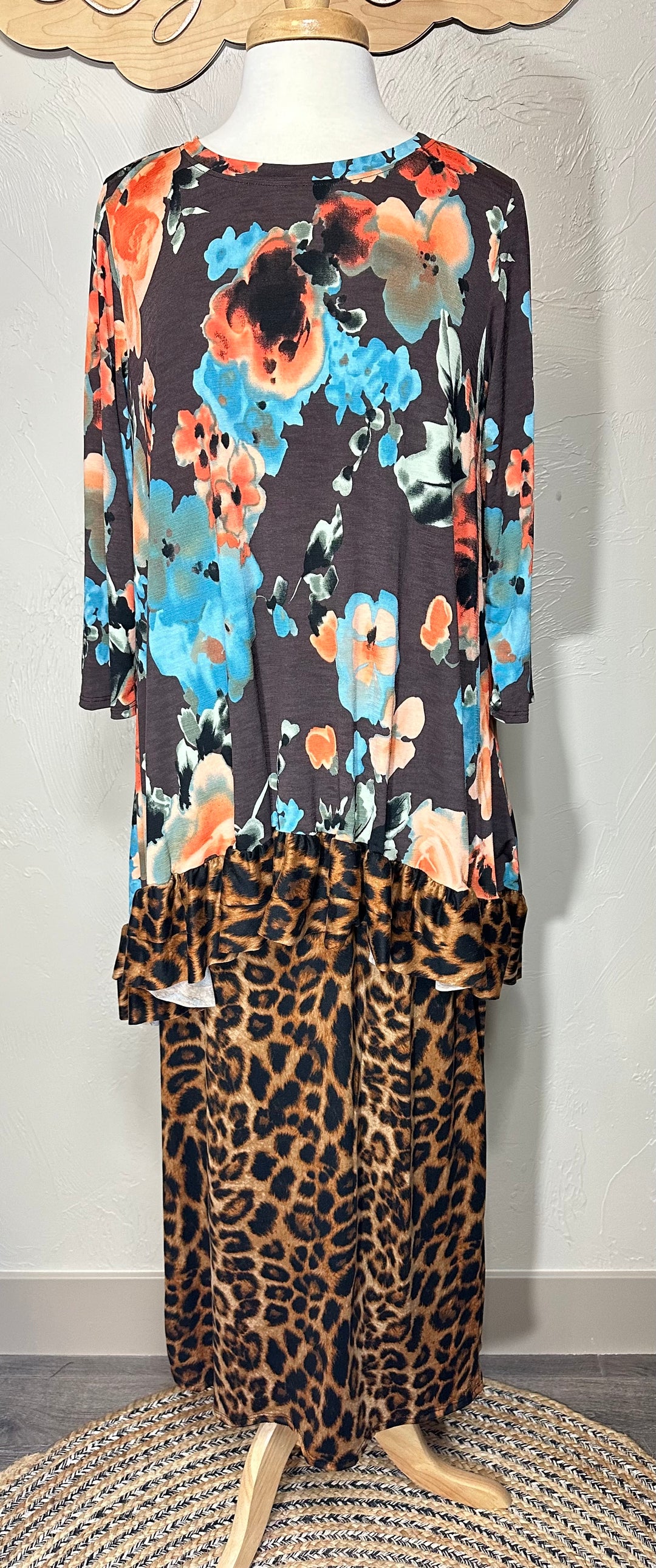 Katrina Asymmetrical Floral with Animal Print Contrast Top