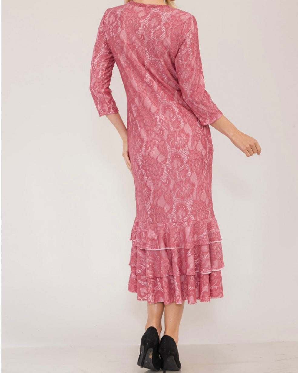 Liza Lou's Dusty Rose Lace Long Layering Dress with Bottom Ruffles