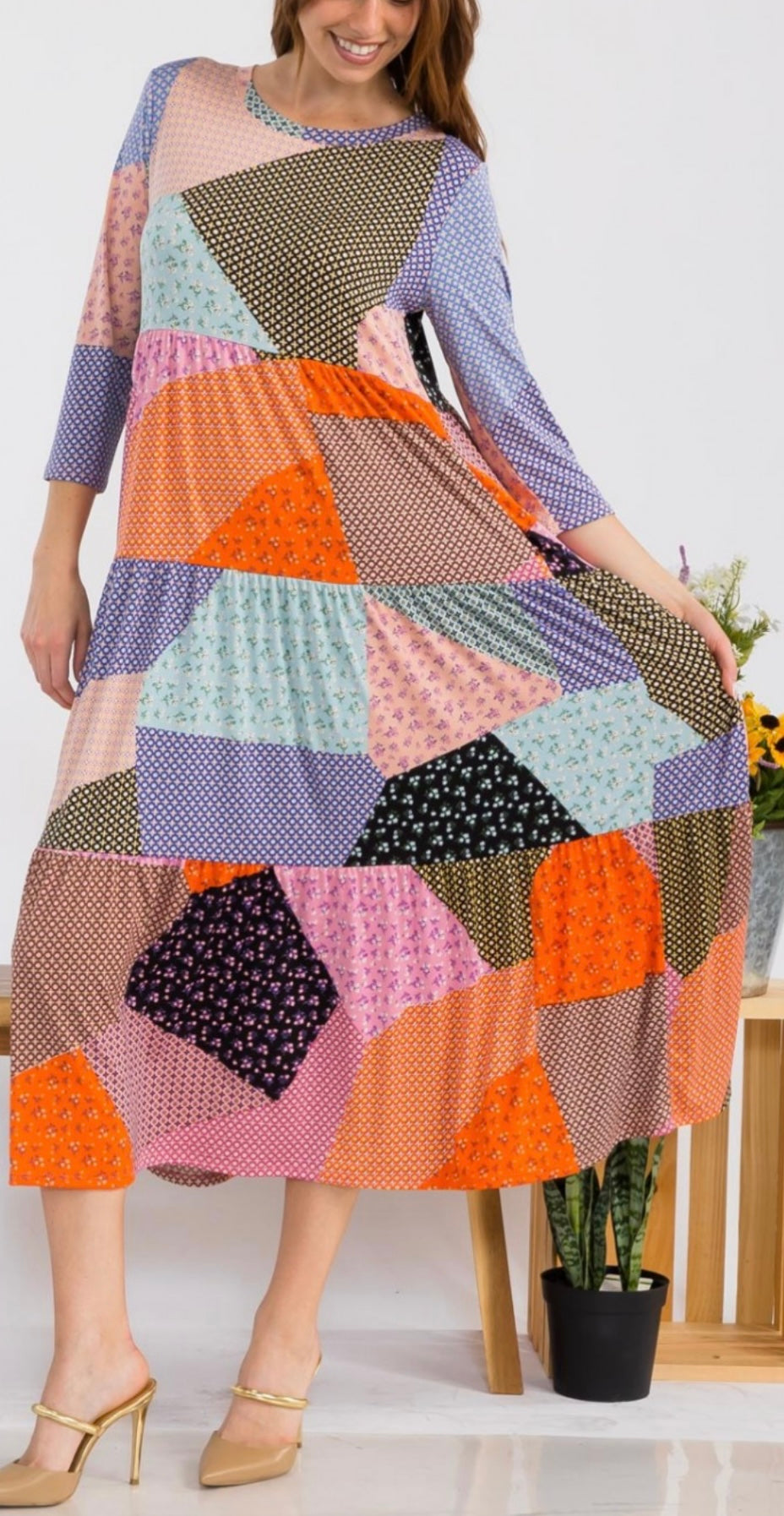 Liza Lou's Maddy Patchwork Tiered Colorful Midi Long Dress Misses & Plus Sizes