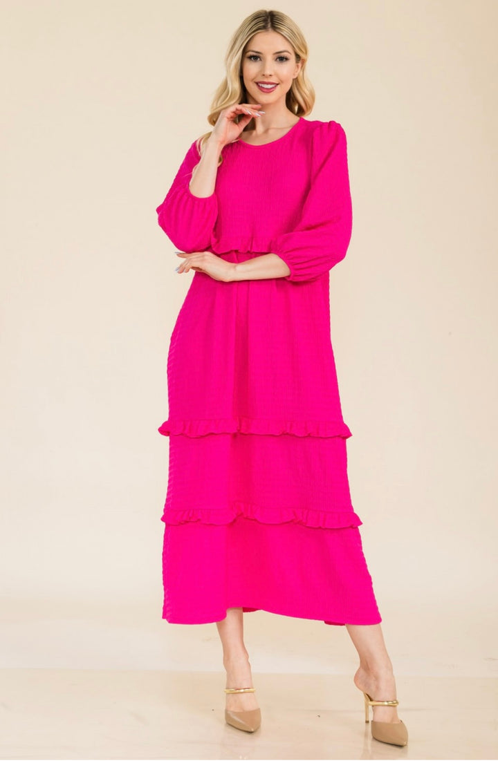 Selena Textured Classic Fuchsia Tiered Ruffle Long Dress