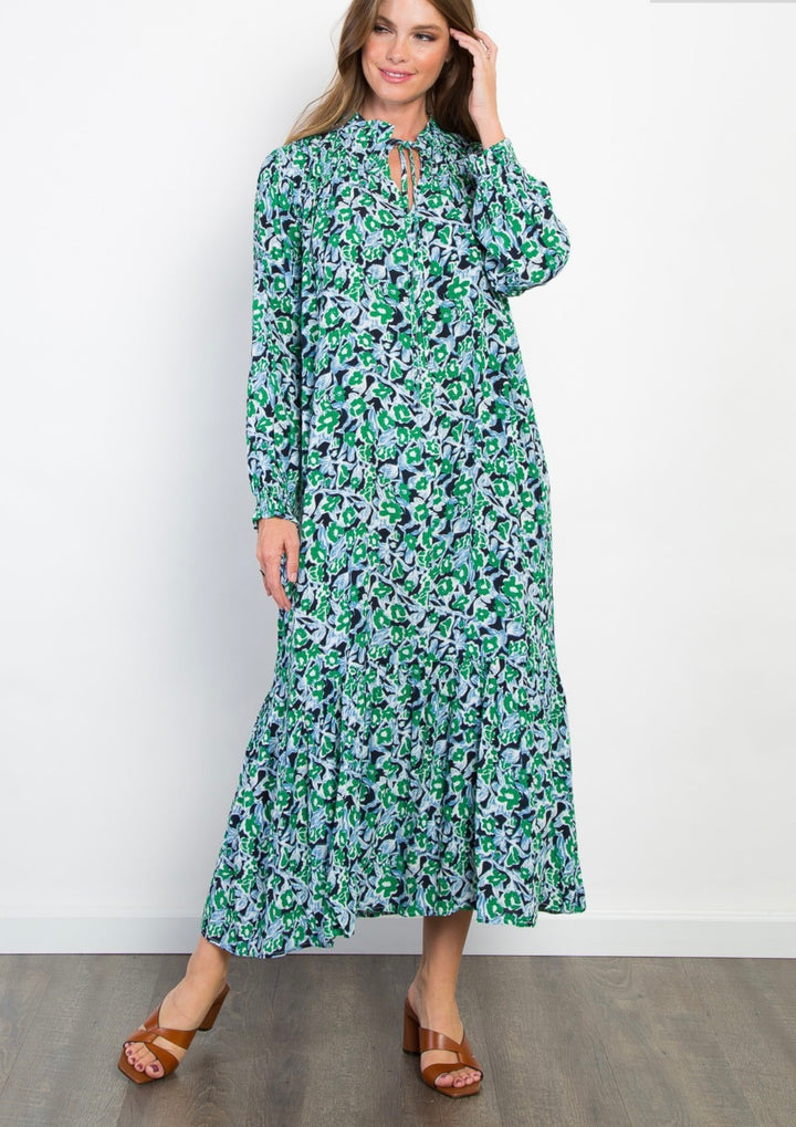 Liza Lou's Long Woven Maxi Dress Dark Navy/Black Background with Green Colors