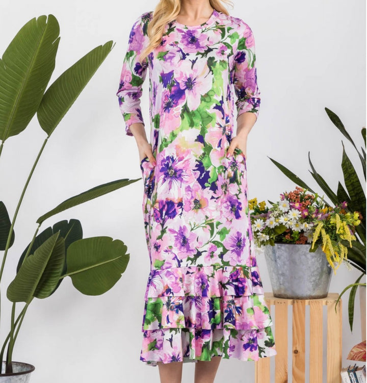 Liza Lou's Purple Floral Long Layering Dress with Bottom Ruffles