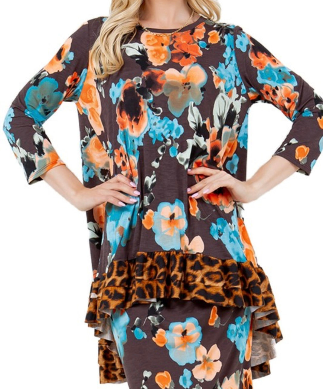 Katrina Asymmetrical Floral with Animal Print Contrast Top