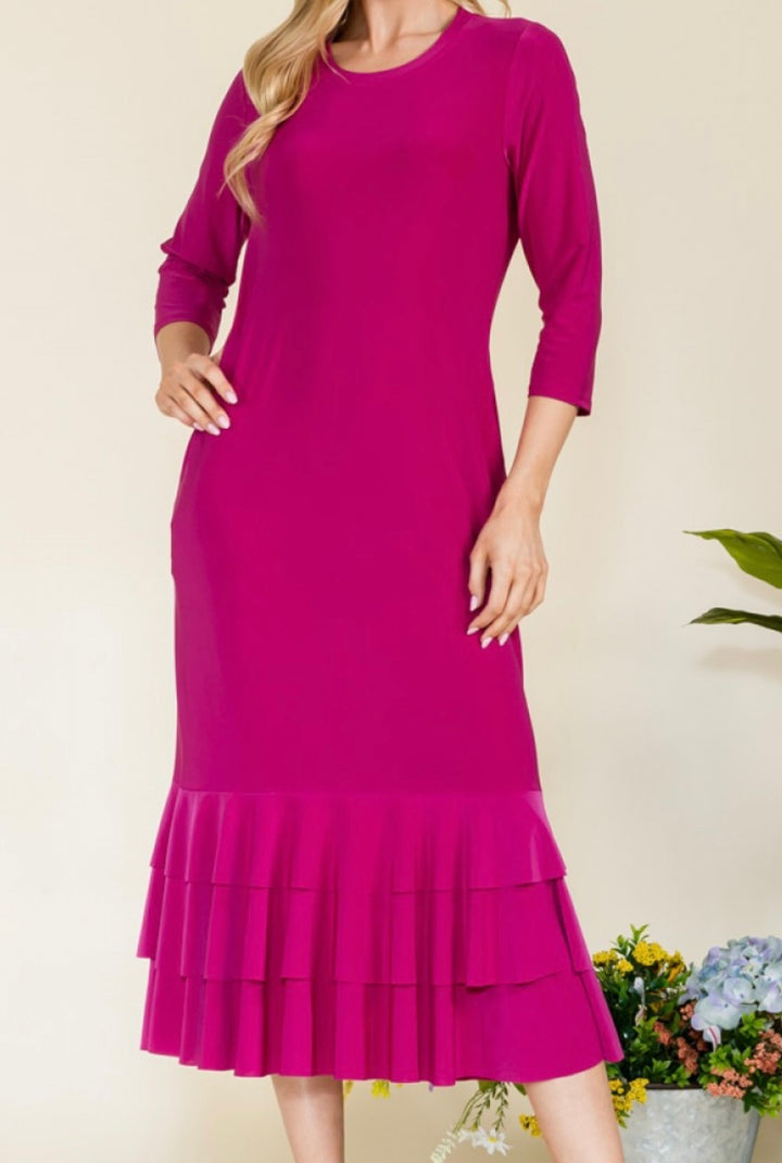 Liza Lou's Magenta Pink Long Layering Dress with Bottom Ruffles