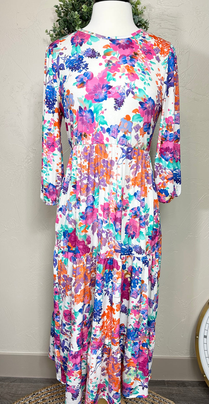 Liza's Spring/Summer Modest Long Floral Tiered Dress with Elastic Waist