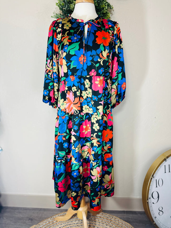 Liza’s Umgee Colorful Floral Tiered Dress Black Background