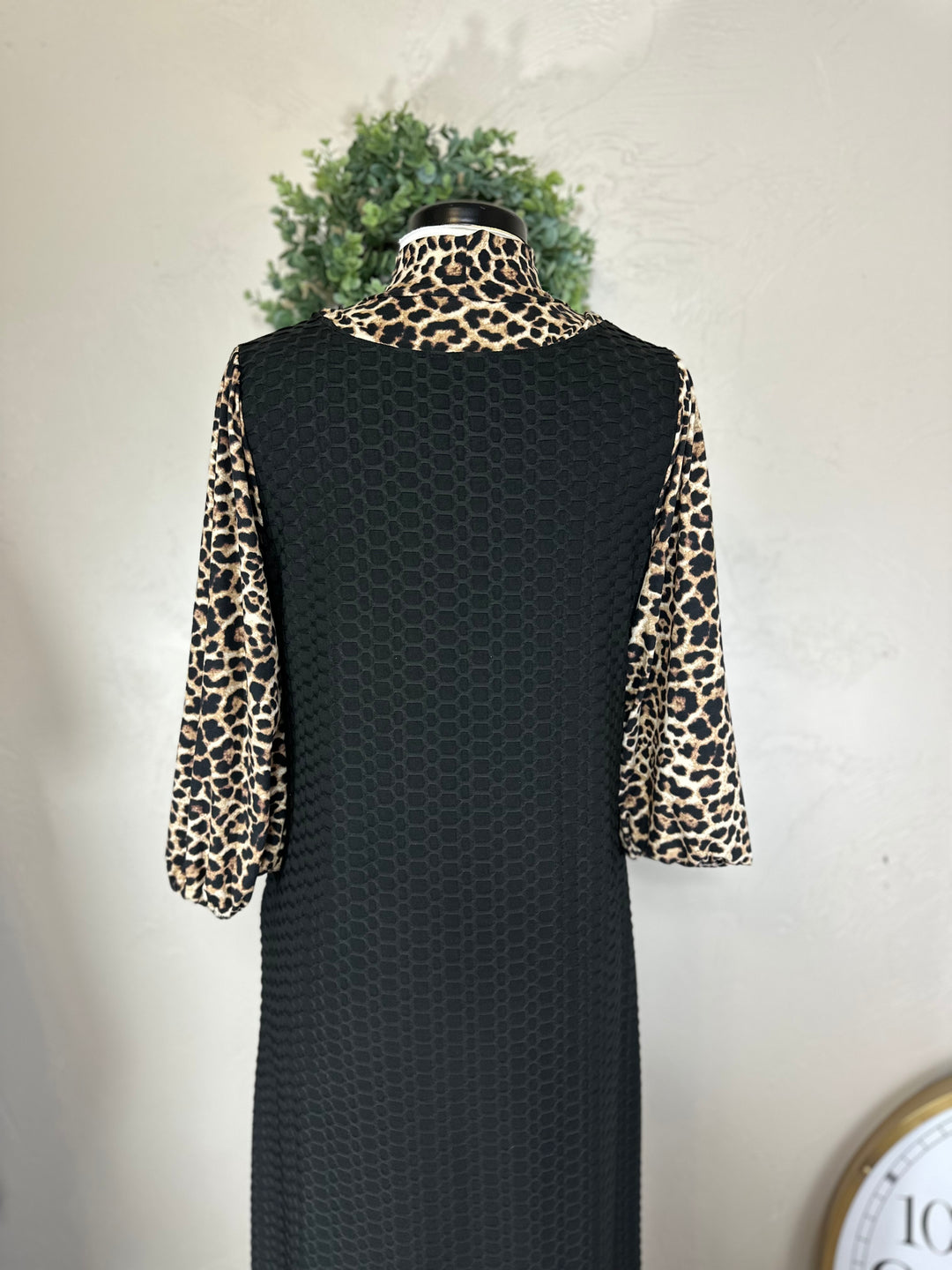 Women's Classic Long Modest Black Honeycomb Dress with Animal Print Sleeves & Tie