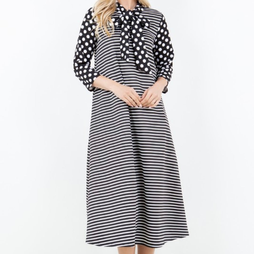 Liza Lou's Park View Striped dress with Polka Dot Contrast