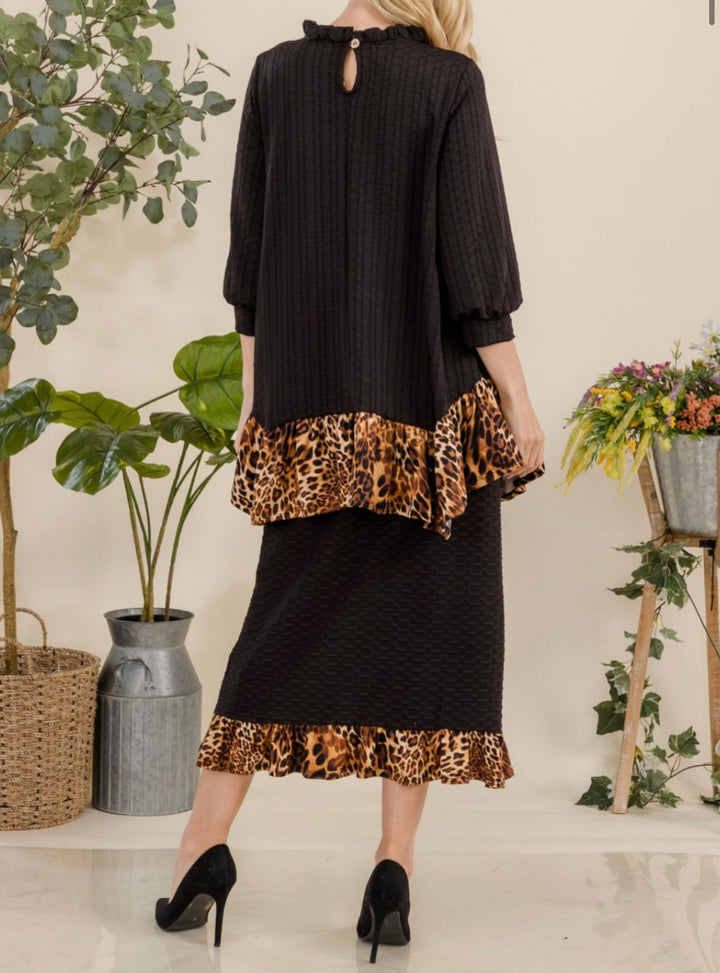 Felicity Black Honeycomb Skirt with Animal Print Bottom Ruffle