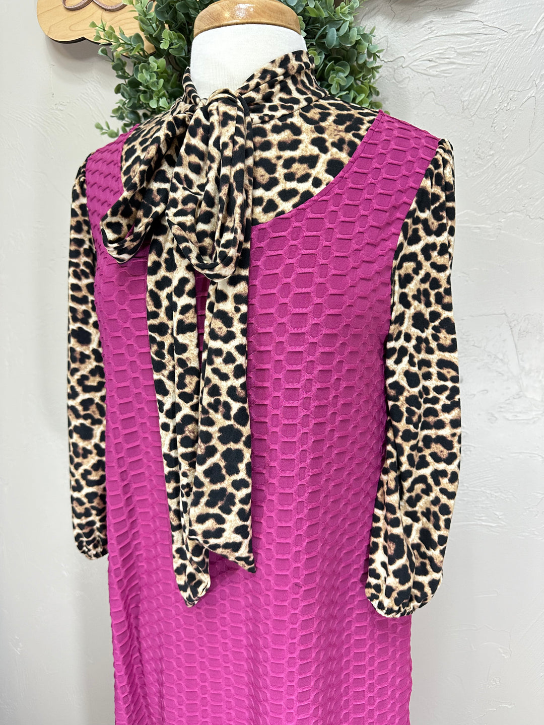 Women's Classic Long Modest Magenta Pink Honeycomb Dress with Animal Print Sleeves & Tie