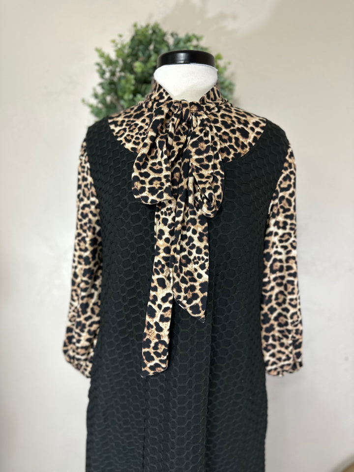 Women's Classic Long Modest Black Honeycomb Dress with Animal Print Sleeves & Tie