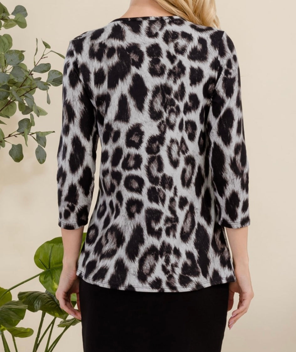 Women's Modest Leopard Animal Print Layering Top 3/4 Sleeves