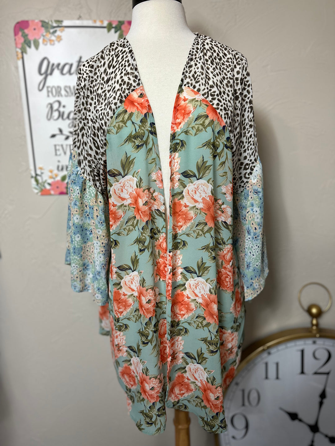 Mixed Printed Bell Sleeve Open Front Kimono with Side Slits