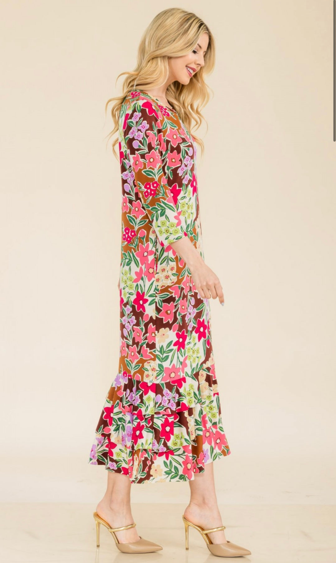 Liza Lou's Brown/tan with Multi Color Floral Long Layering Dress with Bottom Ruffles