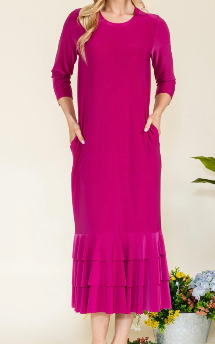 Liza Lou's Magenta Pink Long Layering Dress with Bottom Ruffles