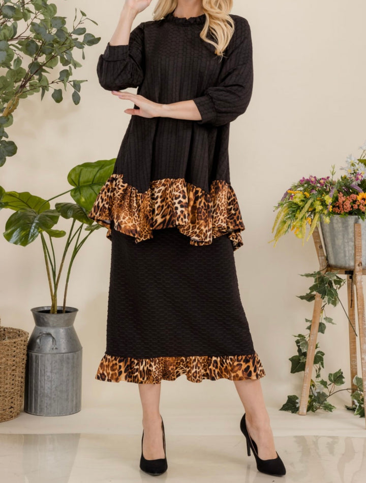 Felicity Black Honeycomb Skirt with Animal Print Bottom Ruffle