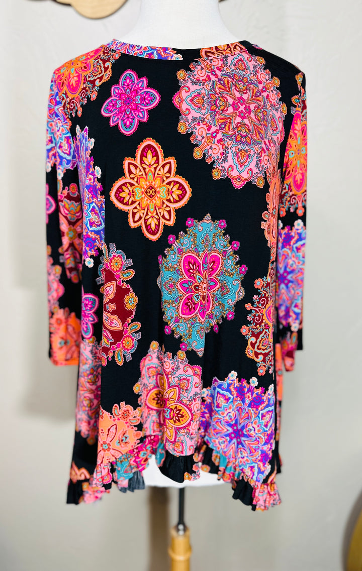 Geometric Colorful Medallion Hi Low Dressy Modest Tunic Top