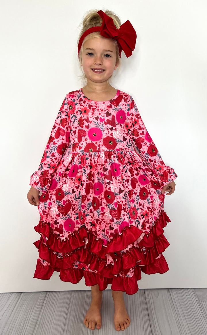 Red Poppy Hearts Pink Hearts Toddler Girl's Dress Floral Dress with Ruffles Long Maxi Dress