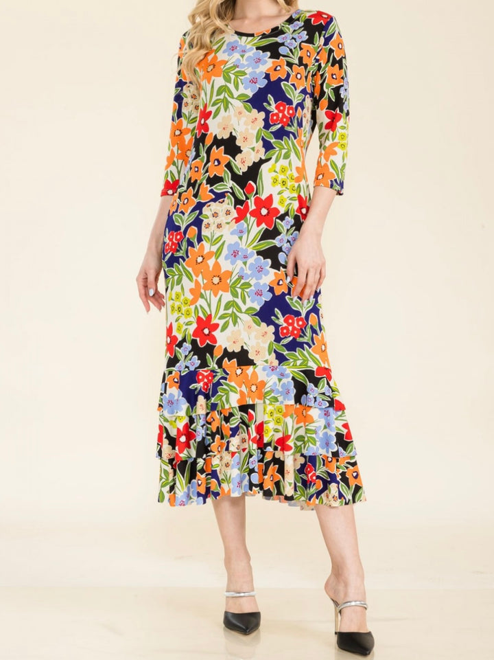 Liza Lou's Black/Blue Floral Long Layering Dress with Bottom Ruffles