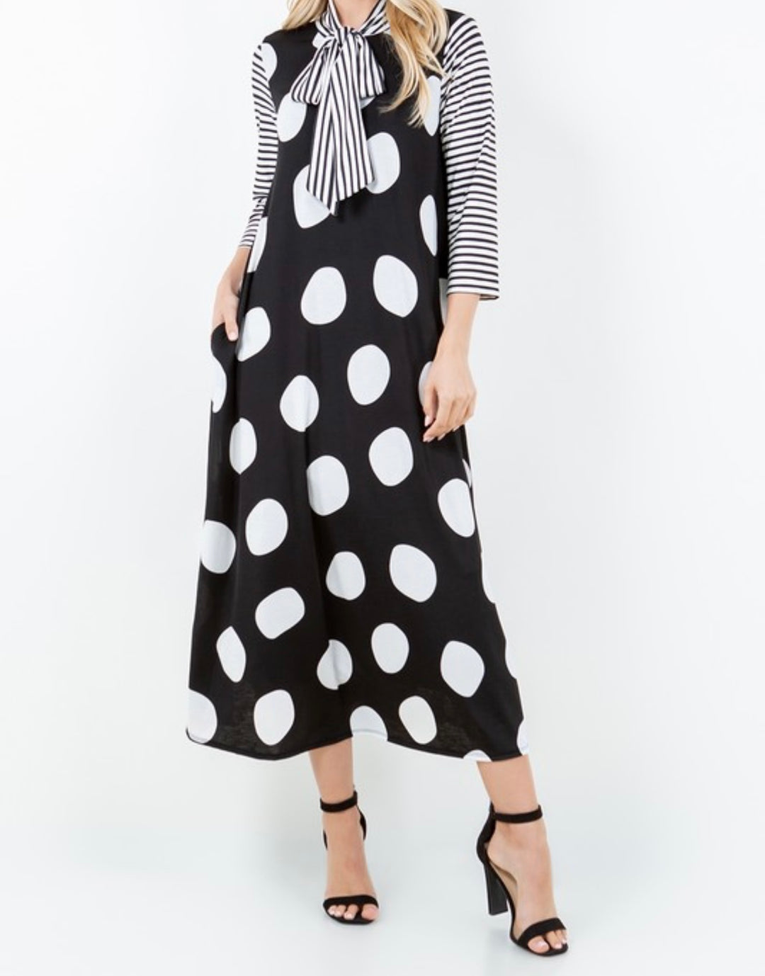 Liza Lou's Park View Polka Dot Black Dress with Stripes Contrast