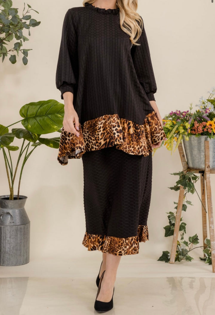 Felicity Black Honeycomb Asymmetrical Top with Animal Print Addition