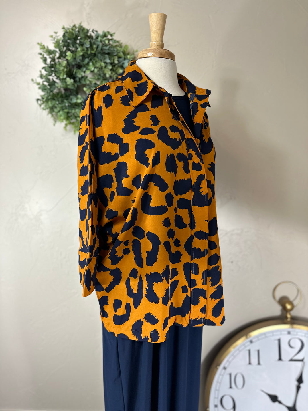 Liza’s Umgee Blouse Top w/ Navy Animal Print  Ochre Background