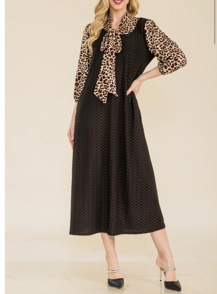 Women's Classic Long Modest Black Honeycomb Dress with Animal Print Sleeves & Tie