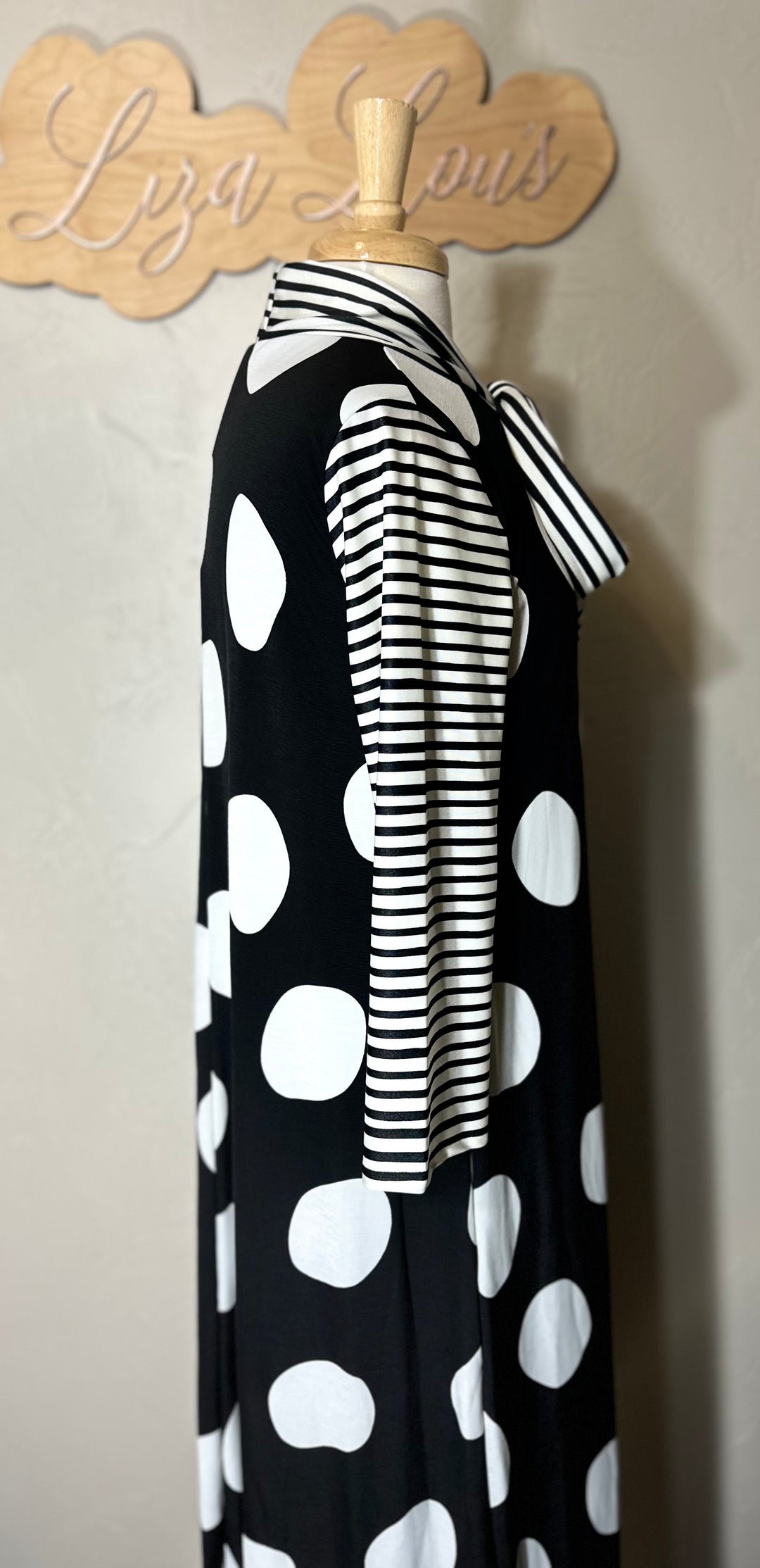 Liza Lou's Park View Polka Dot Black Dress with Stripes Contrast