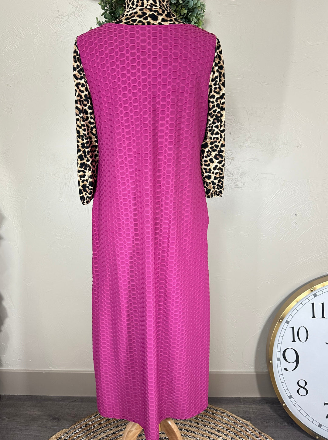 Women's Classic Long Modest Magenta Pink Honeycomb Dress with Animal Print Sleeves & Tie