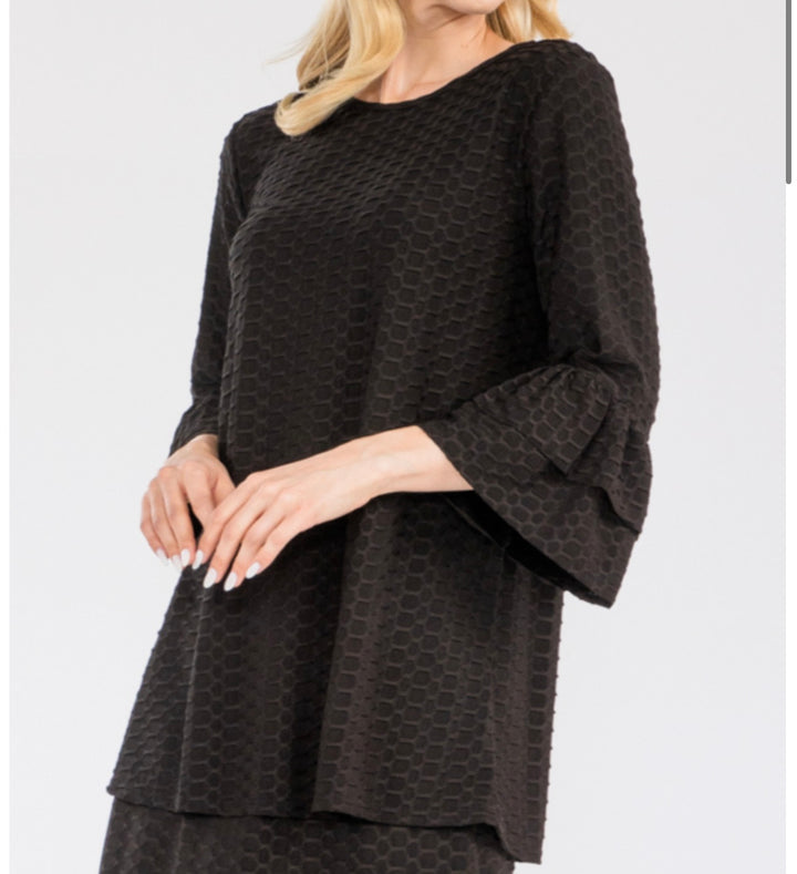 Liza's Celeste Black  Modest Honey Comb Top with Ruffled Sleeves