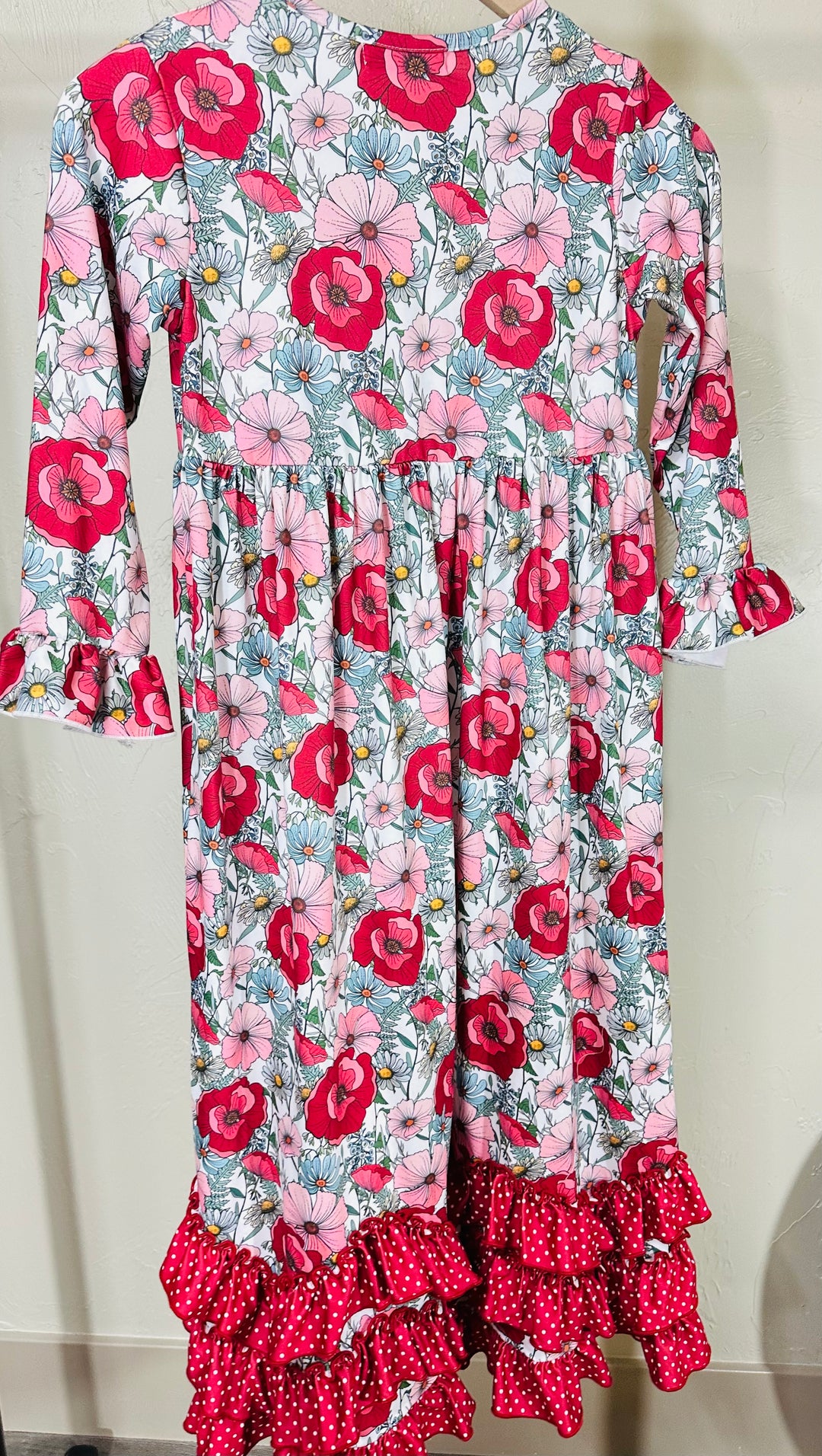 Precious Girls Burgundy Floral Modest Long Maxi Dress with Ruffles *