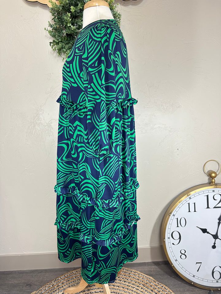 Liza's Lou's Modest Navy with Green Ruffles and Tiered Dress