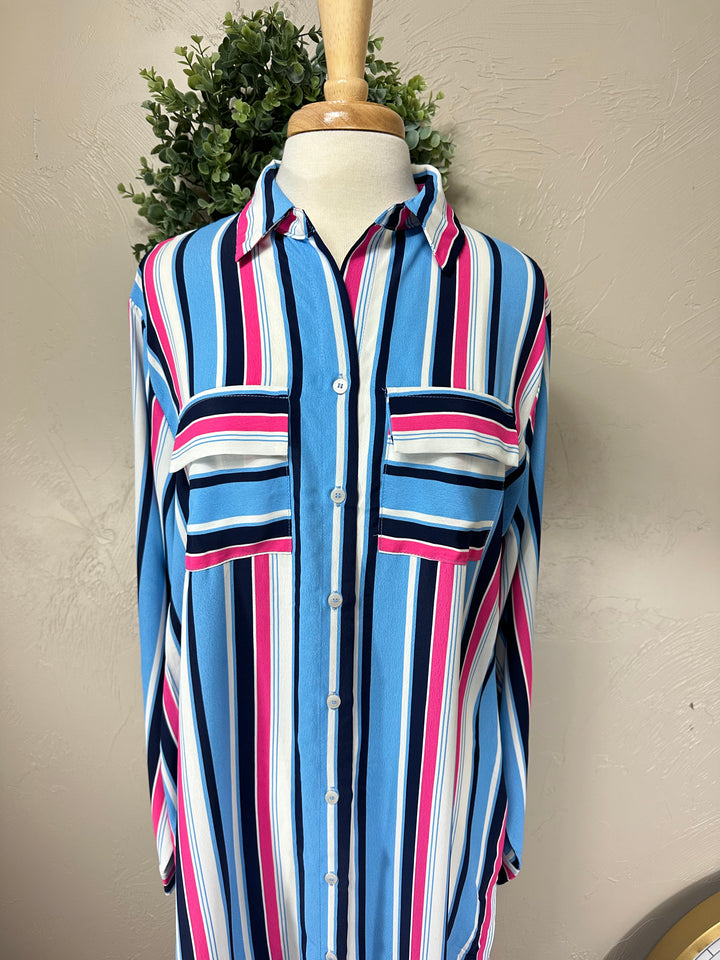 Liza’s Umgee Navy & Pink Striped Long Modes Button Up Blouse