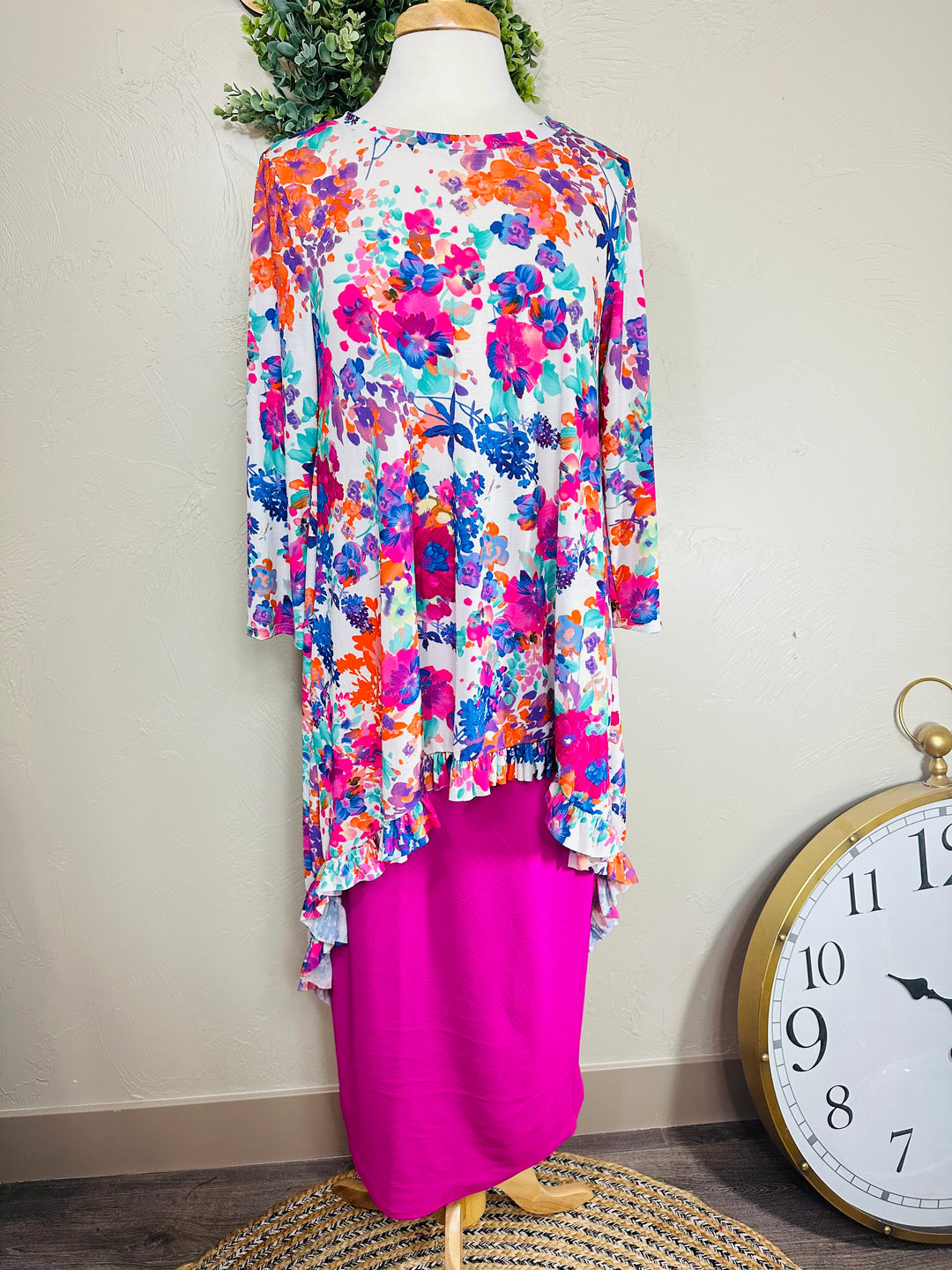 Liza Lou's Hi Low Modest Colorful Floral Top with Ruffle