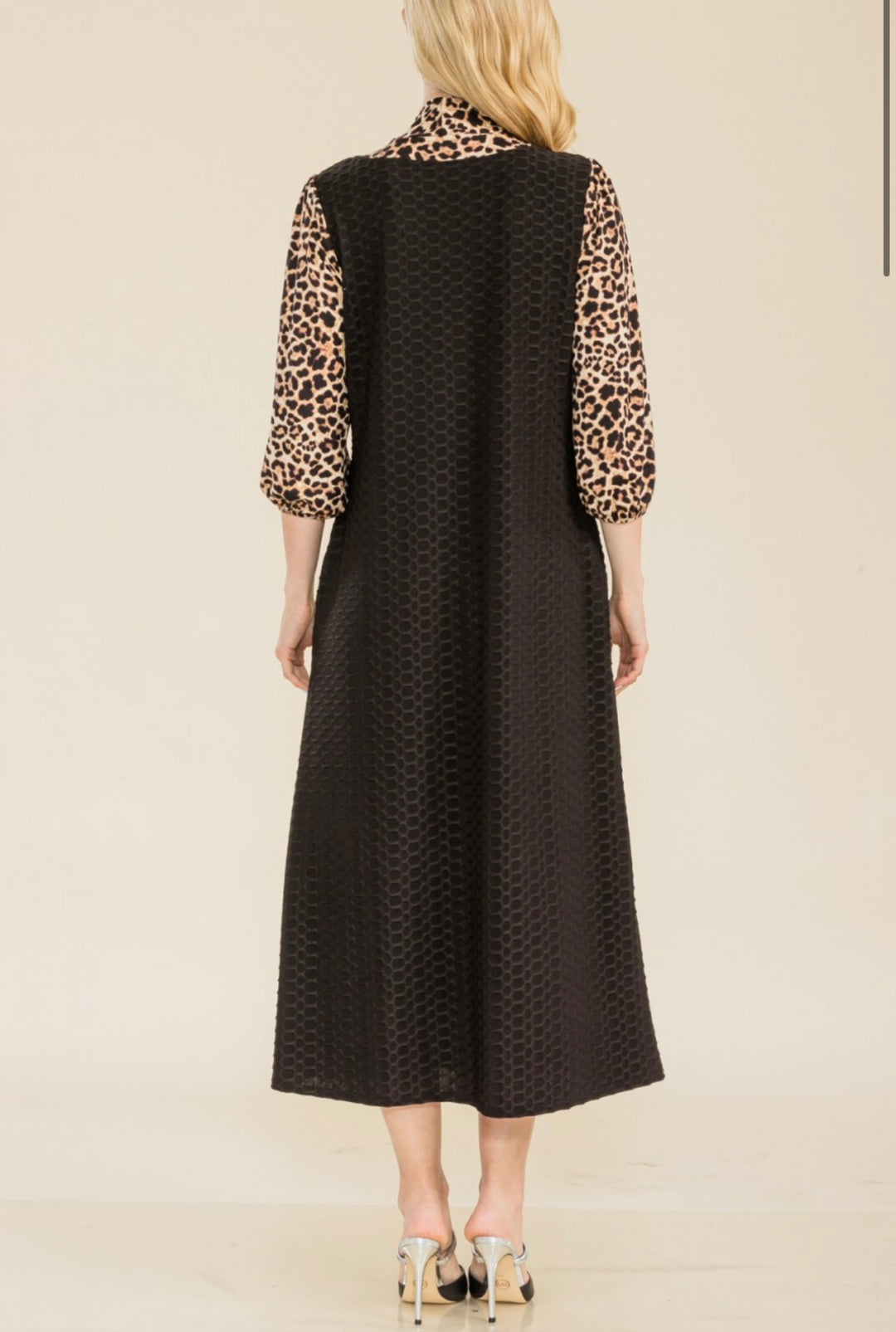 Women's Classic Long Modest Black Honeycomb Dress with Animal Print Sleeves & Tie